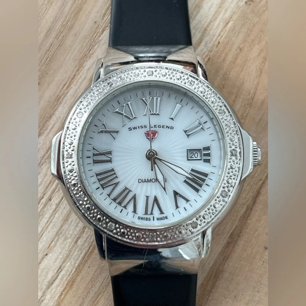 Swiss Legend Diamonds Ladies Watch Pearl Dial Date Window Poly Strap IOB